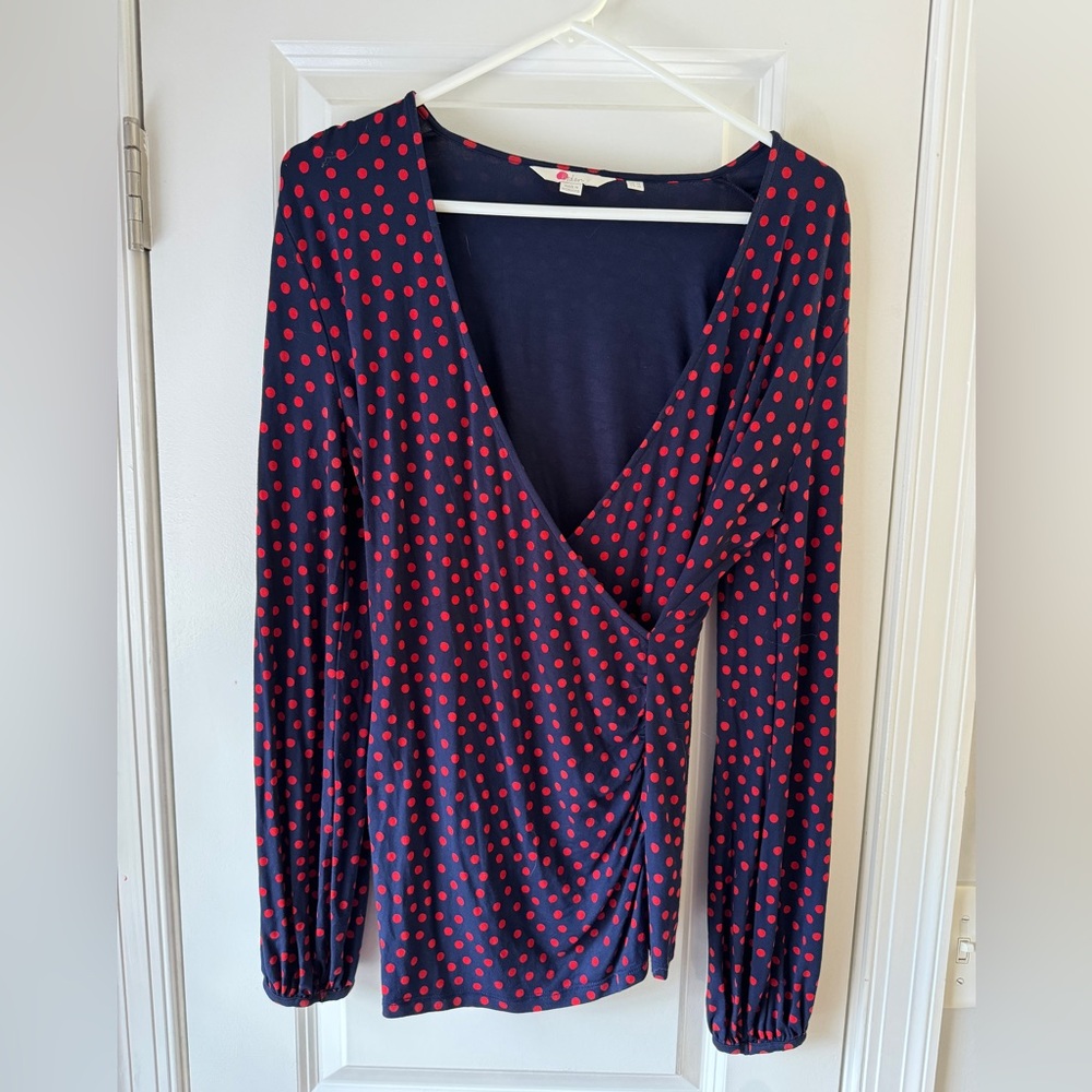 Boden Red and Navy Polka Dot Puff Sleeve Faux Wrap Blouse - Picture 2 of 7